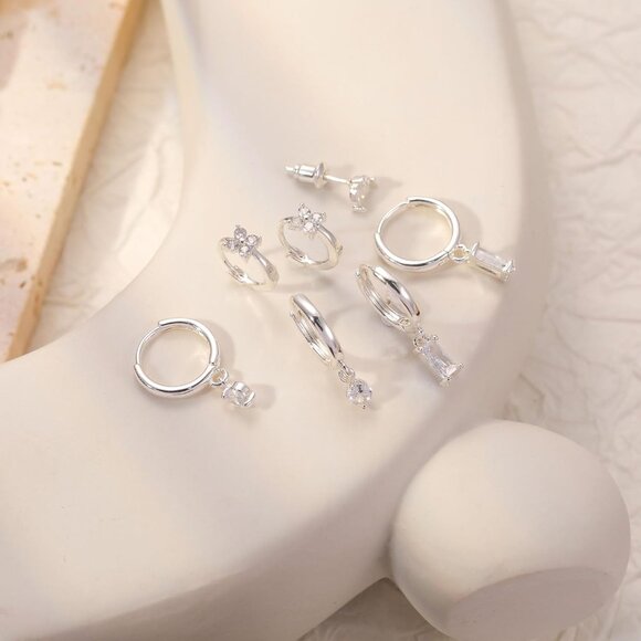 4 set style Sterling Silver Dainty Huggie Cubic Zirconia Hoop Earrings for Women - Picture 4 of 6